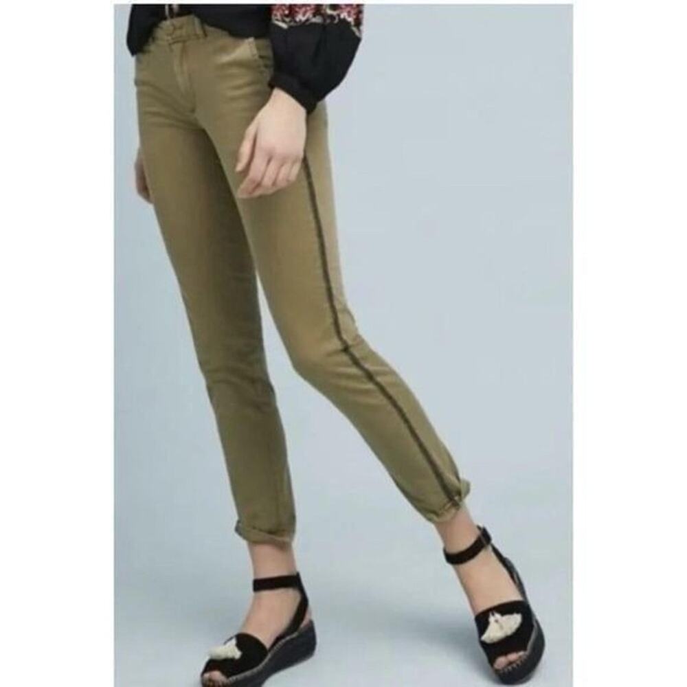 Anthropologie Chino Relaxed Fit Army Green Embroidered Side Stripe Pants Size 28